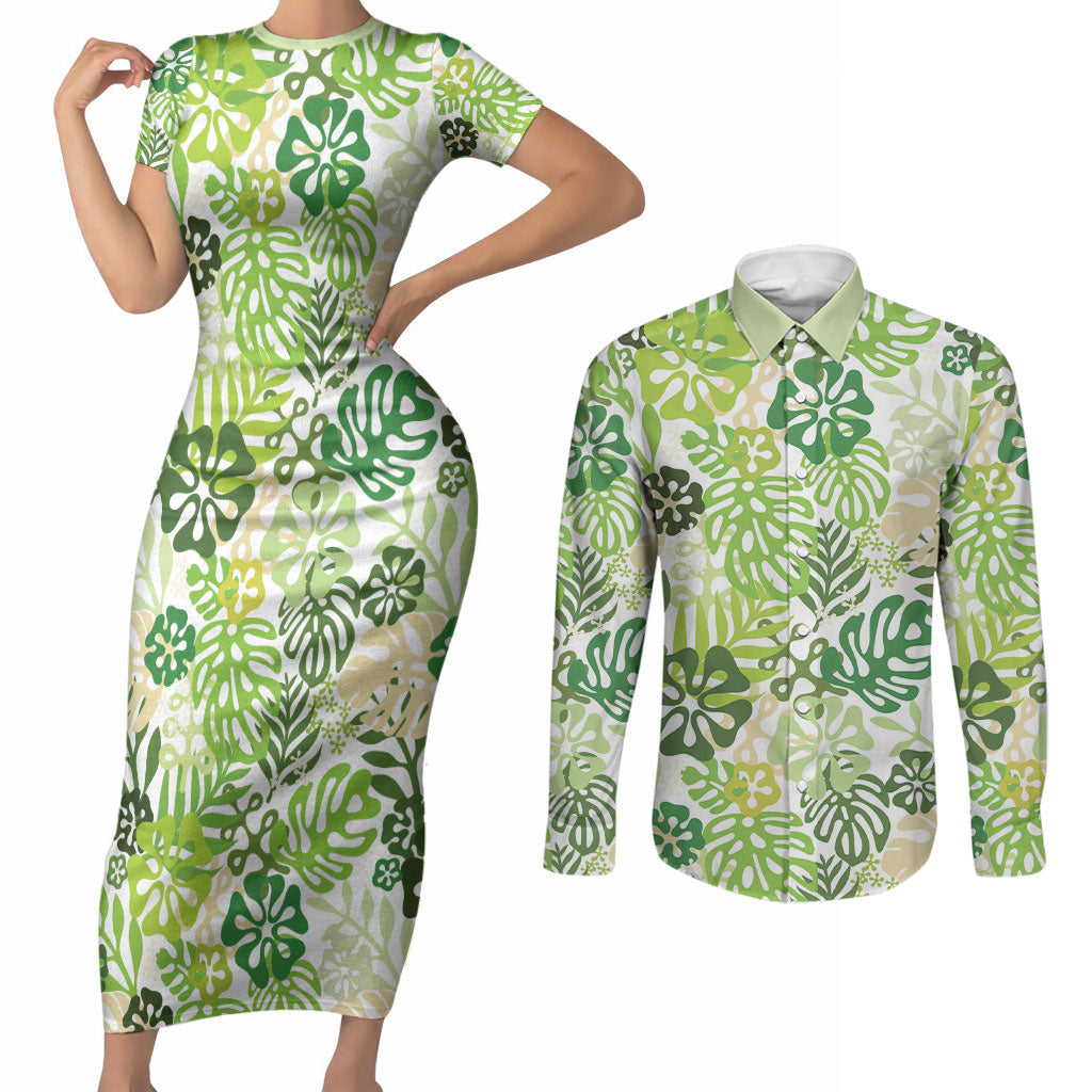 Green Aloha Hawaiian Couples Matching Short Sleeve Bodycon Dress and Long Sleeve Button Shirt Monstera Hibiscus Tropical Pattern