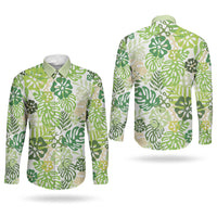 Green Aloha Hawaiian Couples Matching Summer Maxi Dress and Long Sleeve Button Shirt Monstera Hibiscus Tropical Pattern