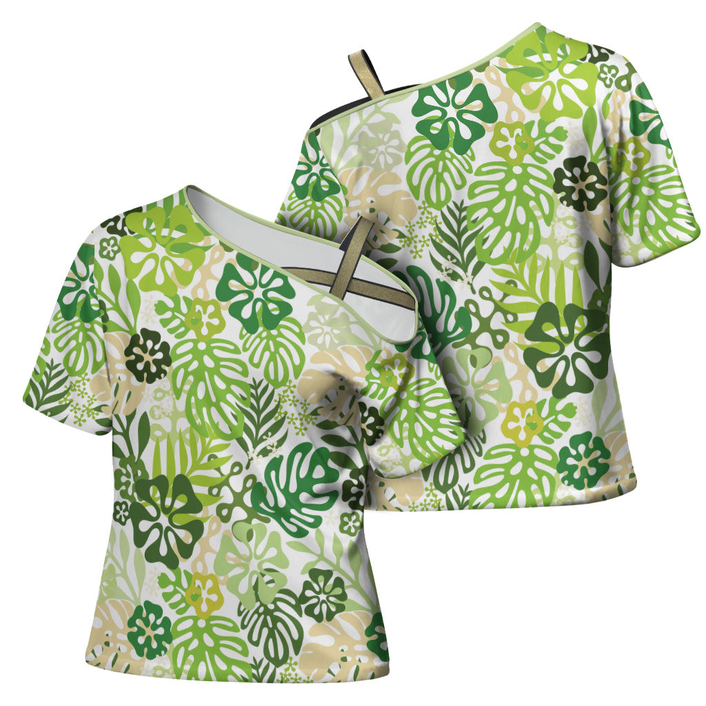 Green Aloha Hawaiian Cross Shoulder Shirt Monstera Hibiscus Tropical Pattern