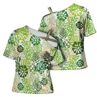 Green Aloha Hawaiian Cross Shoulder Shirt Monstera Hibiscus Tropical Pattern