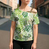 Green Aloha Hawaiian Cross Shoulder Shirt Monstera Hibiscus Tropical Pattern