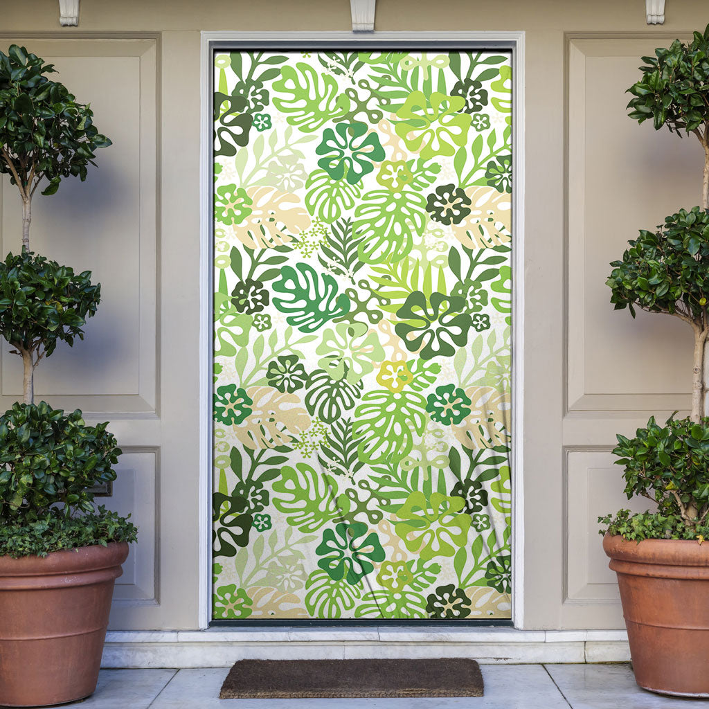 Green Aloha Hawaiian Door Cover Monstera Hibiscus Tropical Pattern