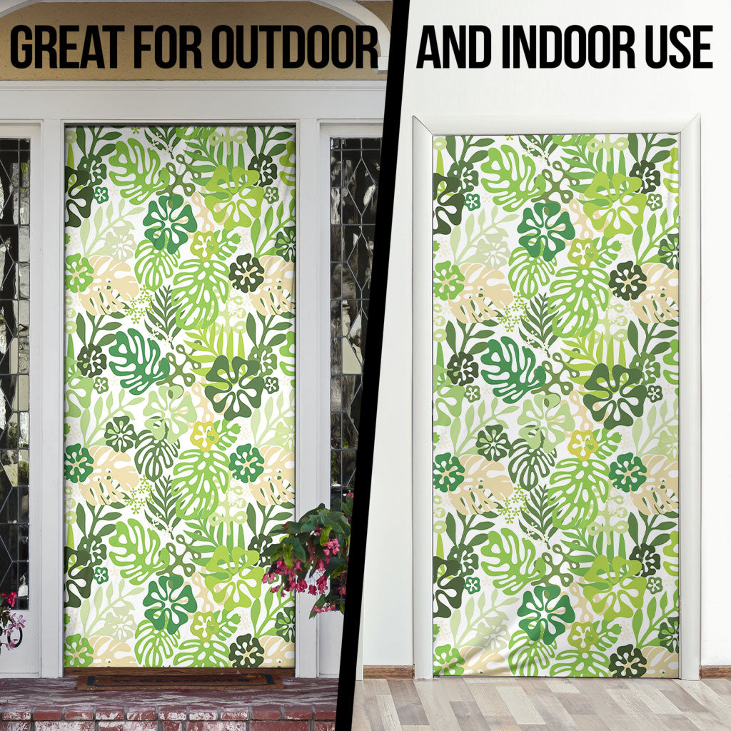 Green Aloha Hawaiian Door Cover Monstera Hibiscus Tropical Pattern
