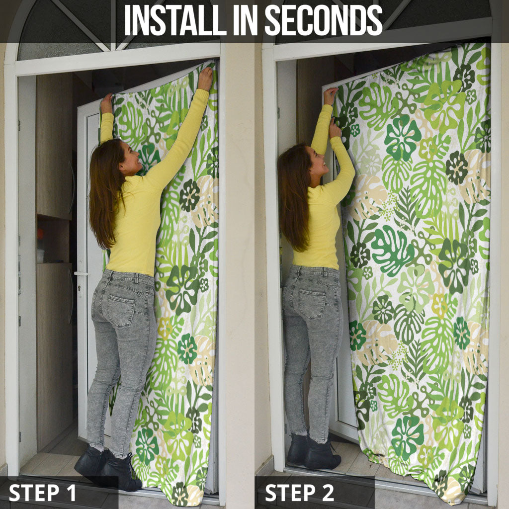 Green Aloha Hawaiian Door Cover Monstera Hibiscus Tropical Pattern