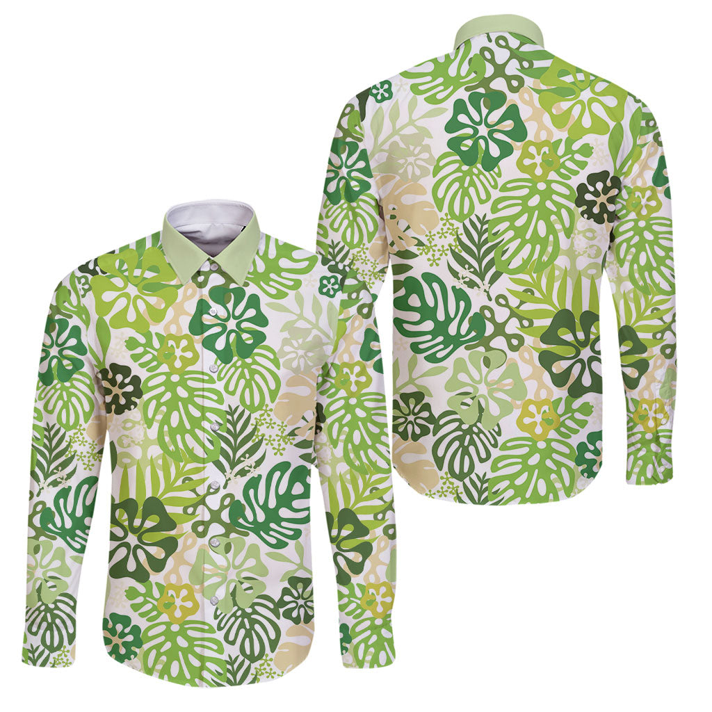 Green Aloha Hawaiian Family Matching Long Sleeve Bodycon Dress and Hawaiian Shirt Monstera Hibiscus Tropical Pattern