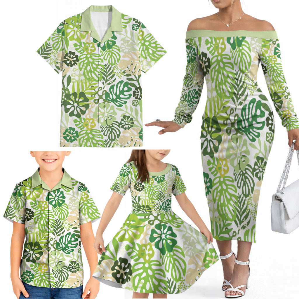 Green Aloha Hawaiian Family Matching Off The Shoulder Long Sleeve Dress and Hawaiian Shirt Monstera Hibiscus Tropical Pattern LT19 - Polynesian Pride