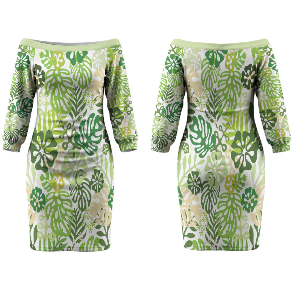 Green Aloha Hawaiian Family Matching Off The Shoulder Long Sleeve Dress and Hawaiian Shirt Monstera Hibiscus Tropical Pattern