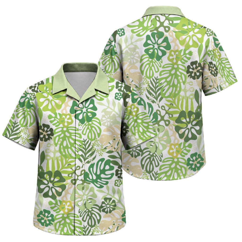 Green Aloha Hawaiian Family Matching Off Shoulder Maxi Dress and Hawaiian Shirt Monstera Hibiscus Tropical Pattern