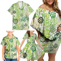 Green Aloha Hawaiian Family Matching Off Shoulder Short Dress and Hawaiian Shirt Monstera Hibiscus Tropical Pattern