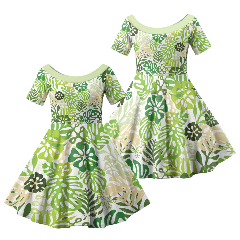Green Aloha Hawaiian Family Matching Off Shoulder Short Dress and Hawaiian Shirt Monstera Hibiscus Tropical Pattern