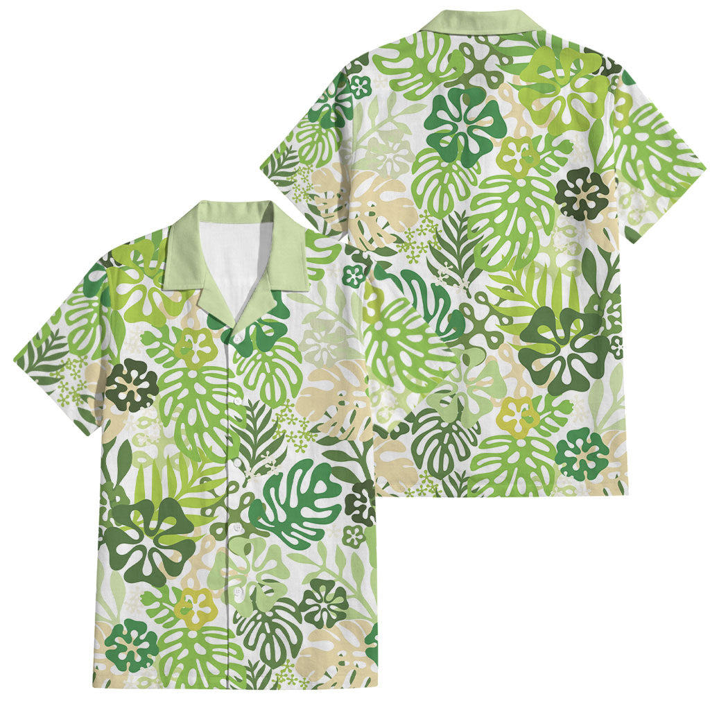 Green Aloha Hawaiian Family Matching Puletasi and Hawaiian Shirt Monstera Hibiscus Tropical Pattern
