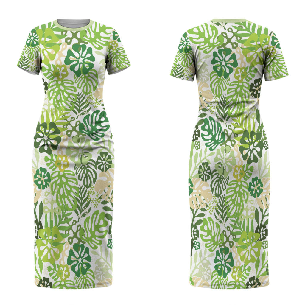 Green Aloha Hawaiian Family Matching Short Sleeve Bodycon Dress and Hawaiian Shirt Monstera Hibiscus Tropical Pattern