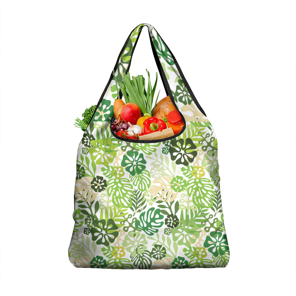 Green Aloha Hawaiian Grocery Bag Monstera Hibiscus Tropical Pattern