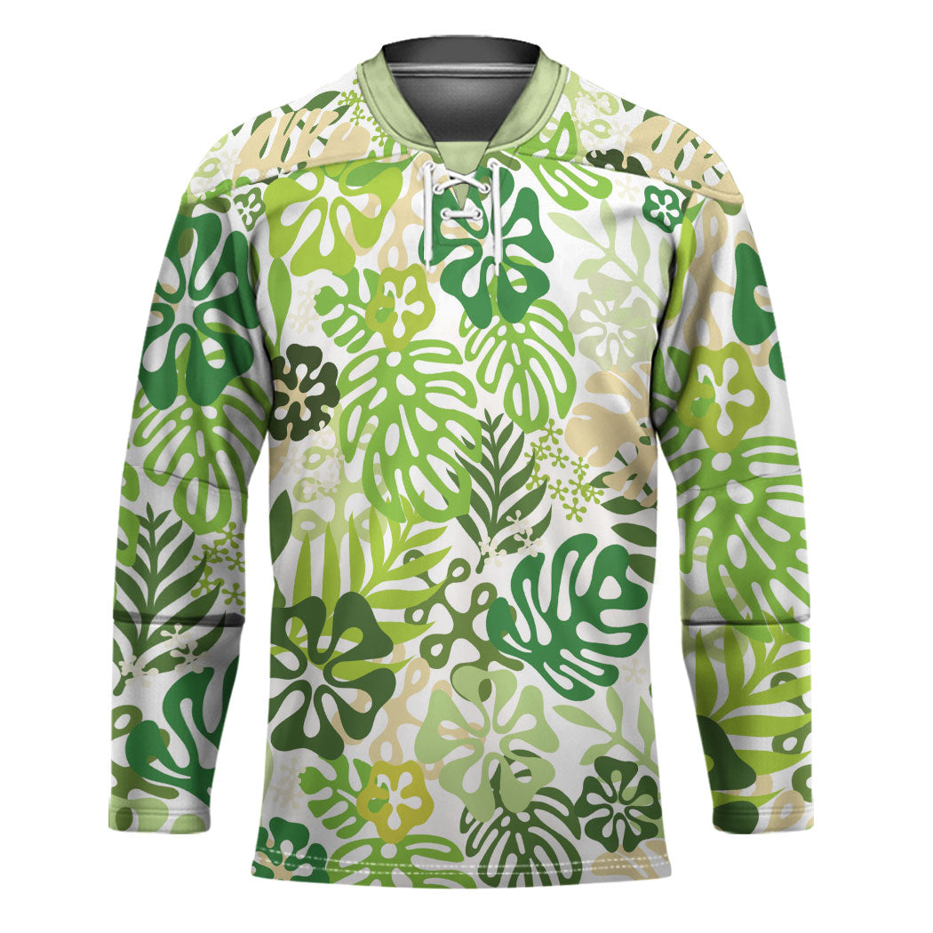 Green Aloha Hawaiian Hockey Jersey Monstera Hibiscus Tropical Pattern