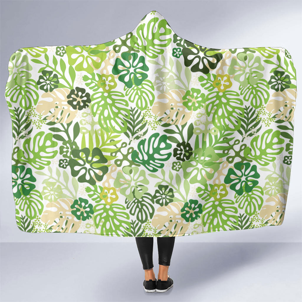 Green Aloha Hawaiian Hooded Blanket Monstera Hibiscus Tropical Pattern