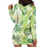 Green Aloha Hawaiian Hoodie Dress Monstera Hibiscus Tropical Pattern