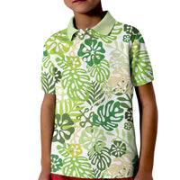 Green Aloha Hawaiian Kid Polo Shirt Monstera Hibiscus Tropical Pattern