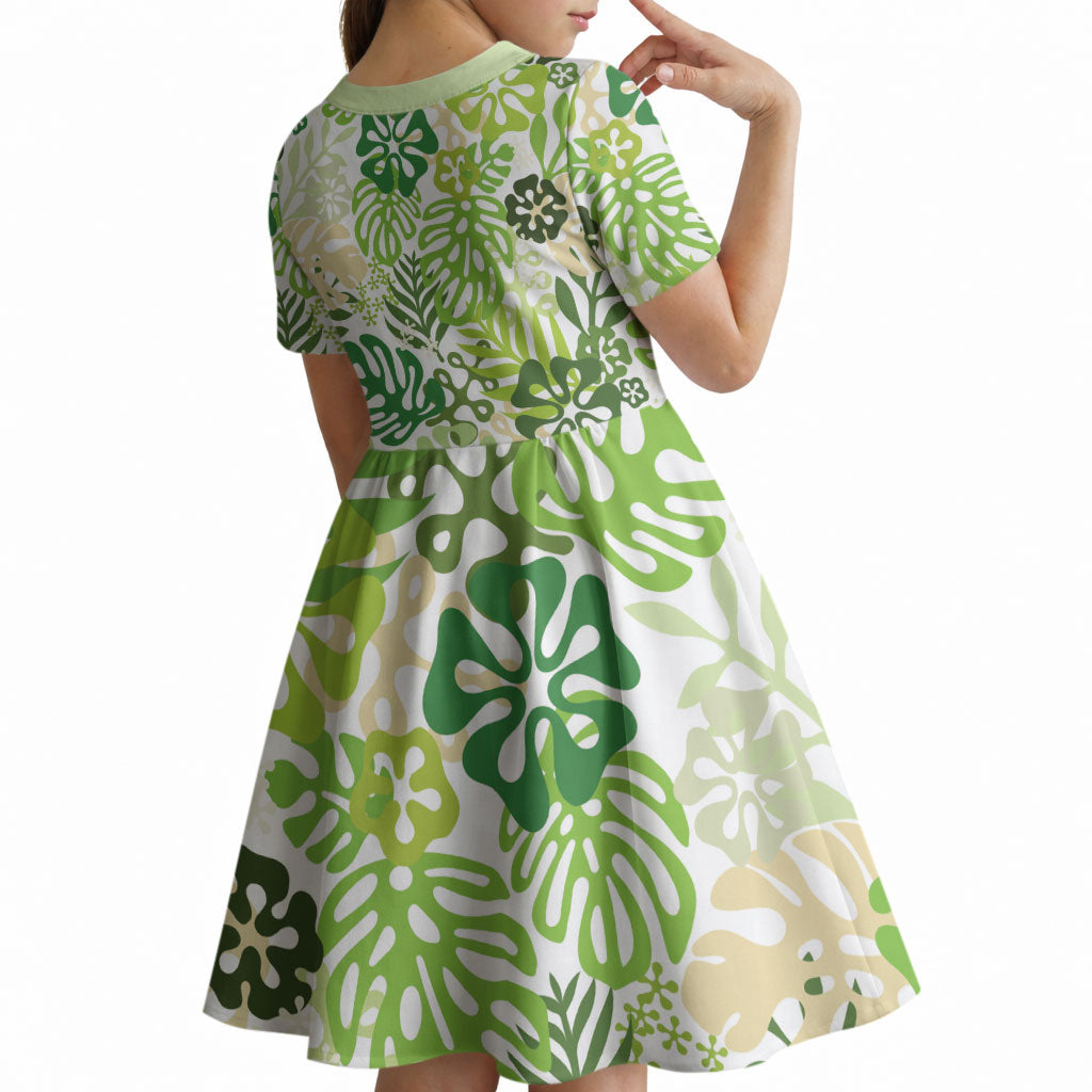 Green Aloha Hawaiian Kid Short Sleeve Dress Monstera Hibiscus Tropical Pattern