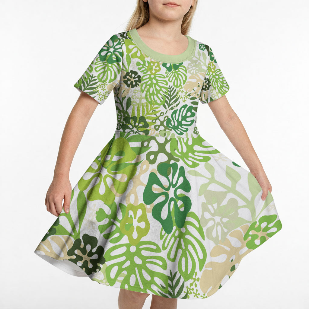 Green Aloha Hawaiian Kid Short Sleeve Dress Monstera Hibiscus Tropical Pattern