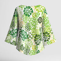 Green Aloha Hawaiian Kimono Sleeve Blouse Monstera Hibiscus Tropical Pattern