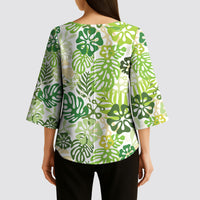 Green Aloha Hawaiian Kimono Sleeve Blouse Monstera Hibiscus Tropical Pattern