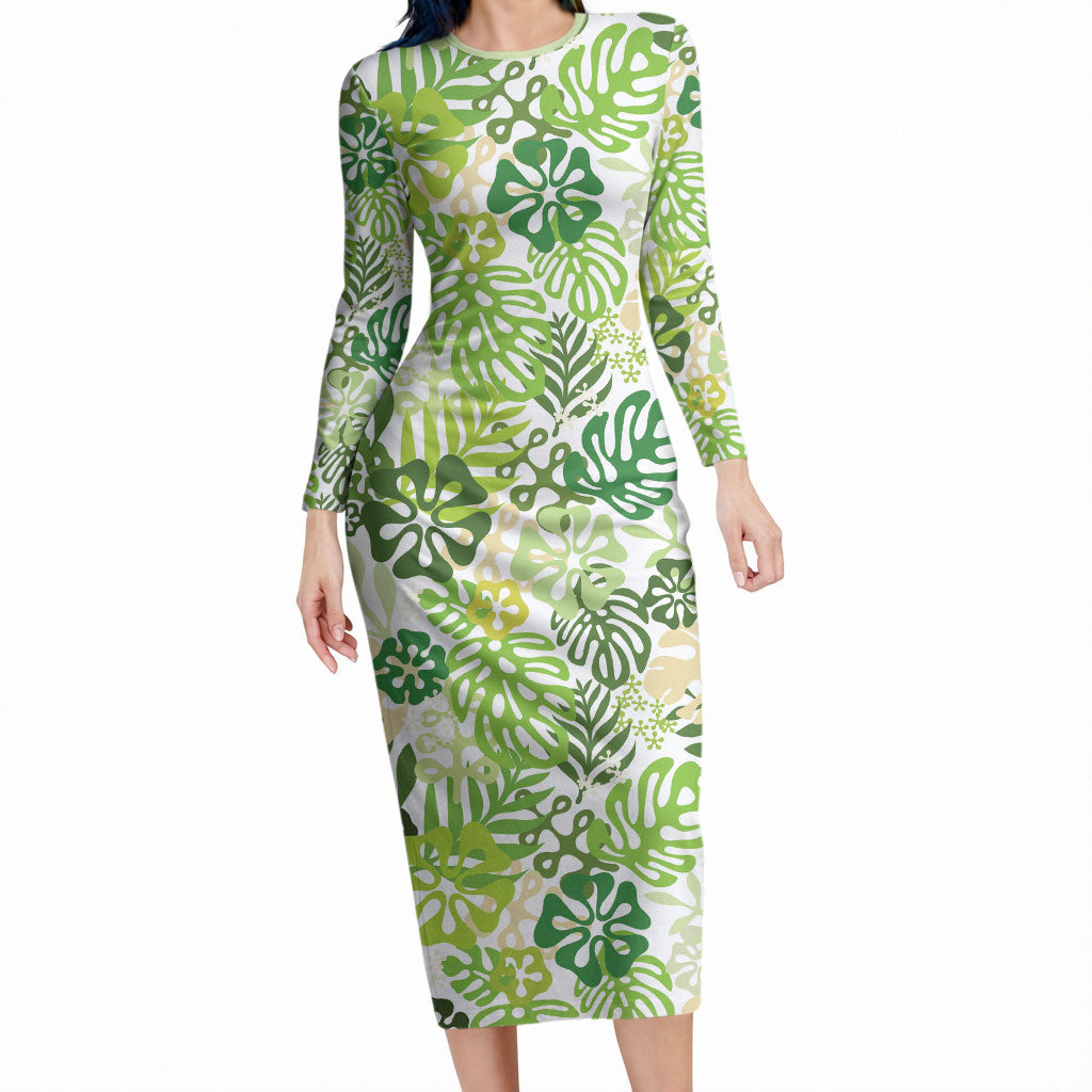 Green Aloha Hawaiian Long Sleeve Bodycon Dress Monstera Hibiscus Tropical Pattern LT19 Long Dress Green - Polynesian Pride