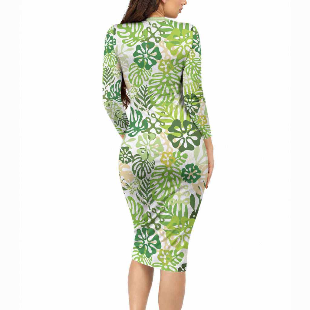 Green Aloha Hawaiian Long Sleeve Bodycon Dress Monstera Hibiscus Tropical Pattern LT19 - Polynesian Pride