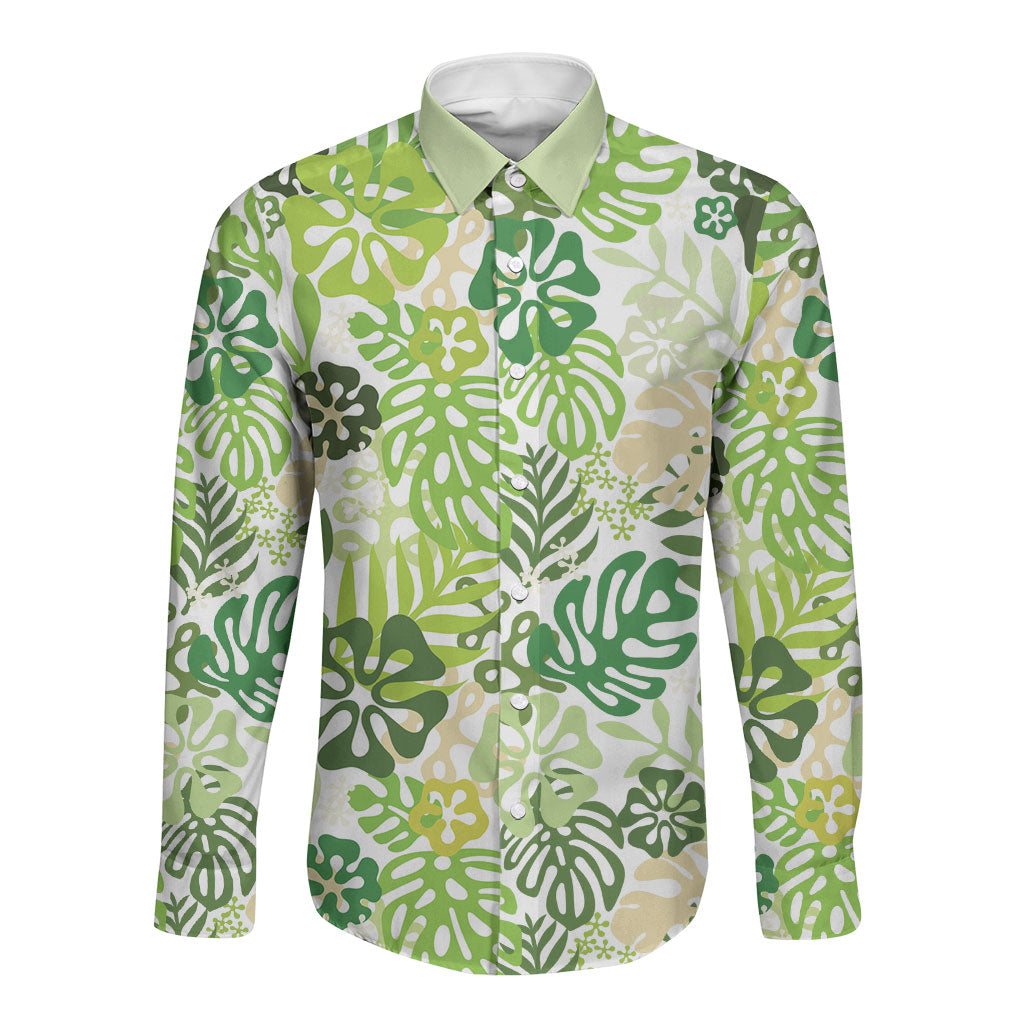 Green Aloha Hawaiian Long Sleeve Button Shirt Monstera Hibiscus Tropical Pattern