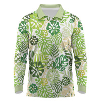 Green Aloha Hawaiian Long Sleeve Polo Shirt Monstera Hibiscus Tropical Pattern