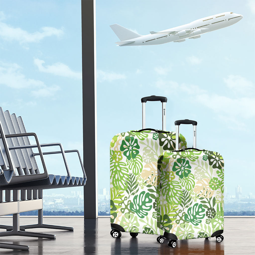 Green Aloha Hawaiian Luggage Cover Monstera Hibiscus Tropical Pattern