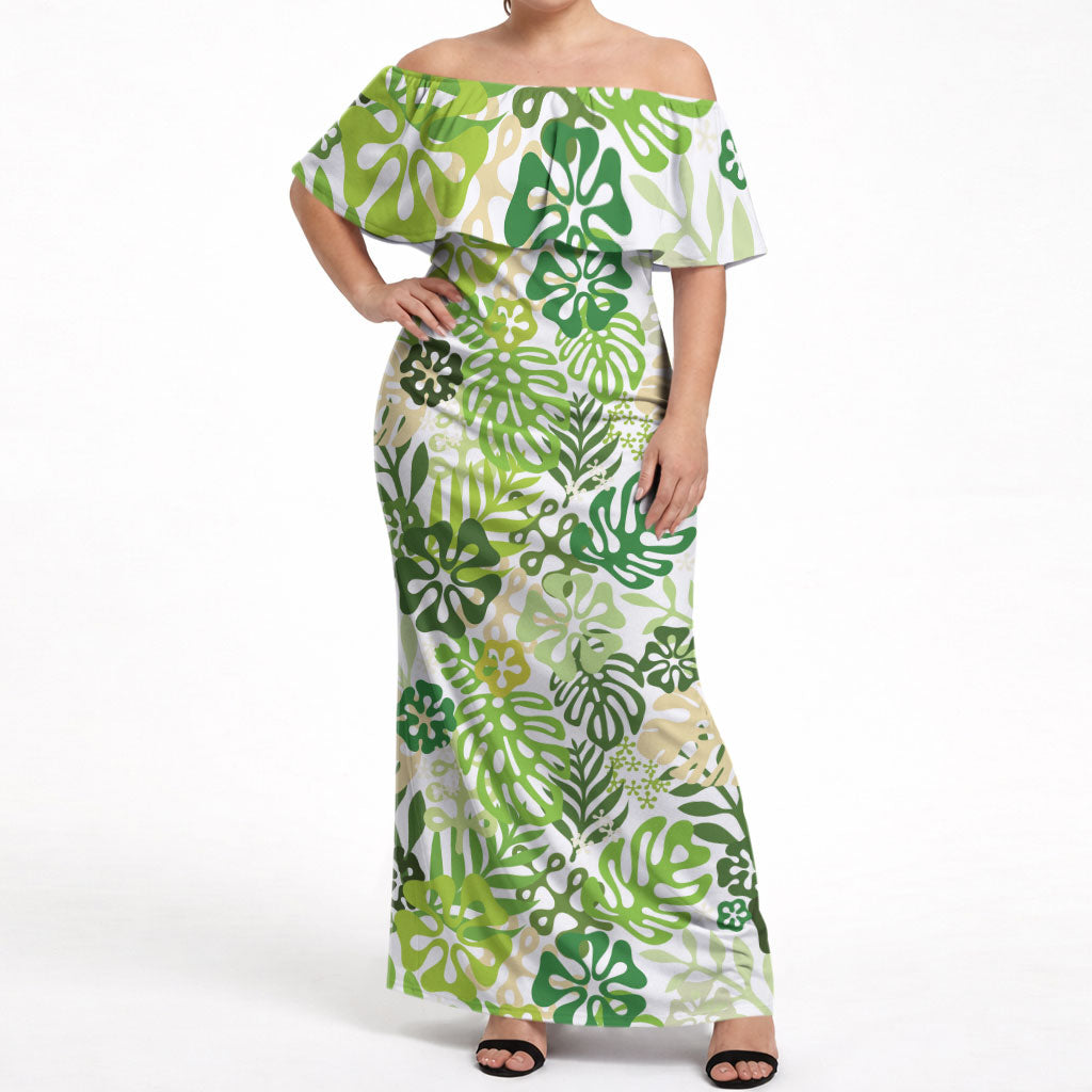 Green Aloha Hawaiian Off Shoulder Maxi Dress Monstera Hibiscus Tropical Pattern