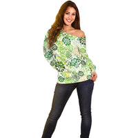 Green Aloha Hawaiian Off Shoulder Sweater Monstera Hibiscus Tropical Pattern