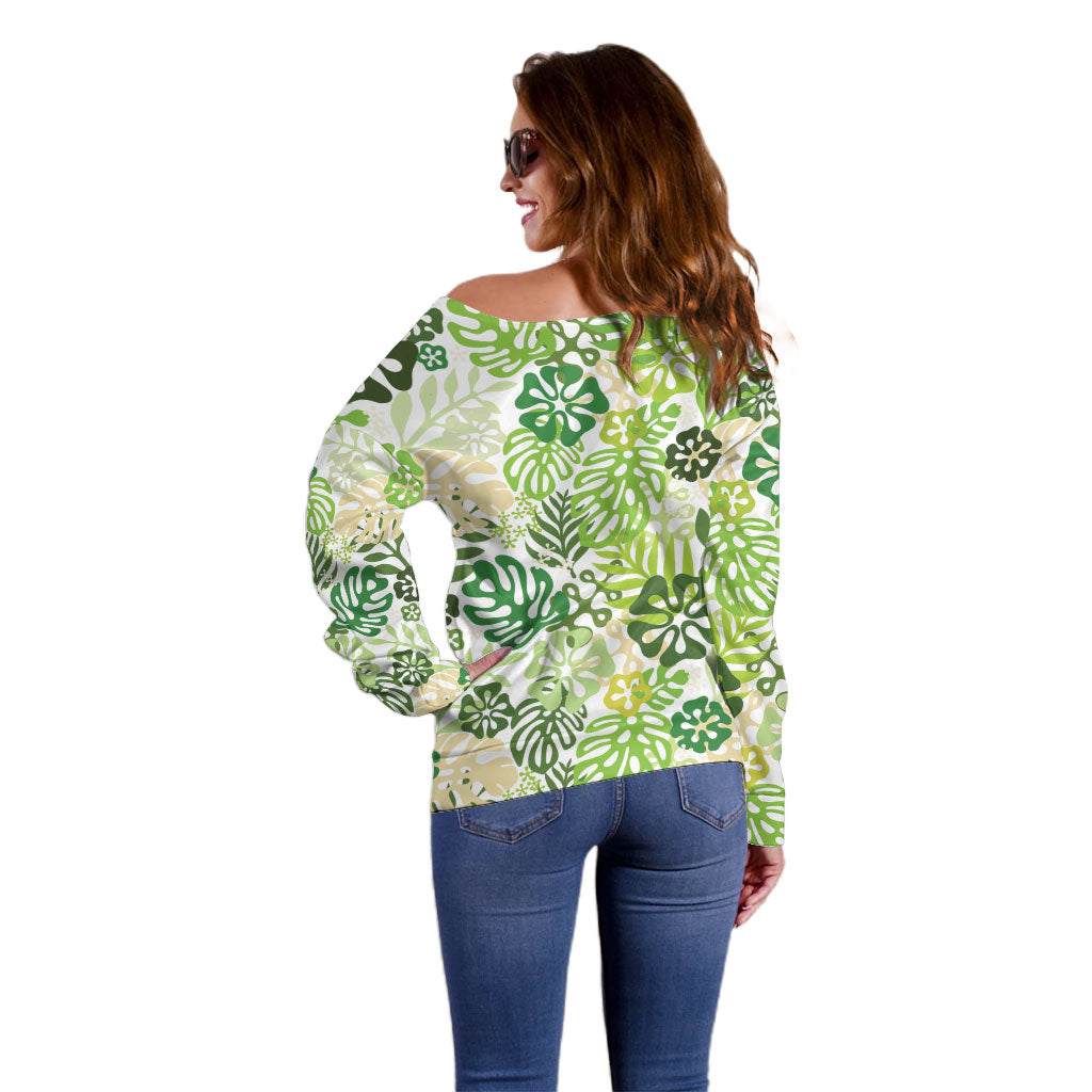 Green Aloha Hawaiian Off Shoulder Sweater Monstera Hibiscus Tropical Pattern