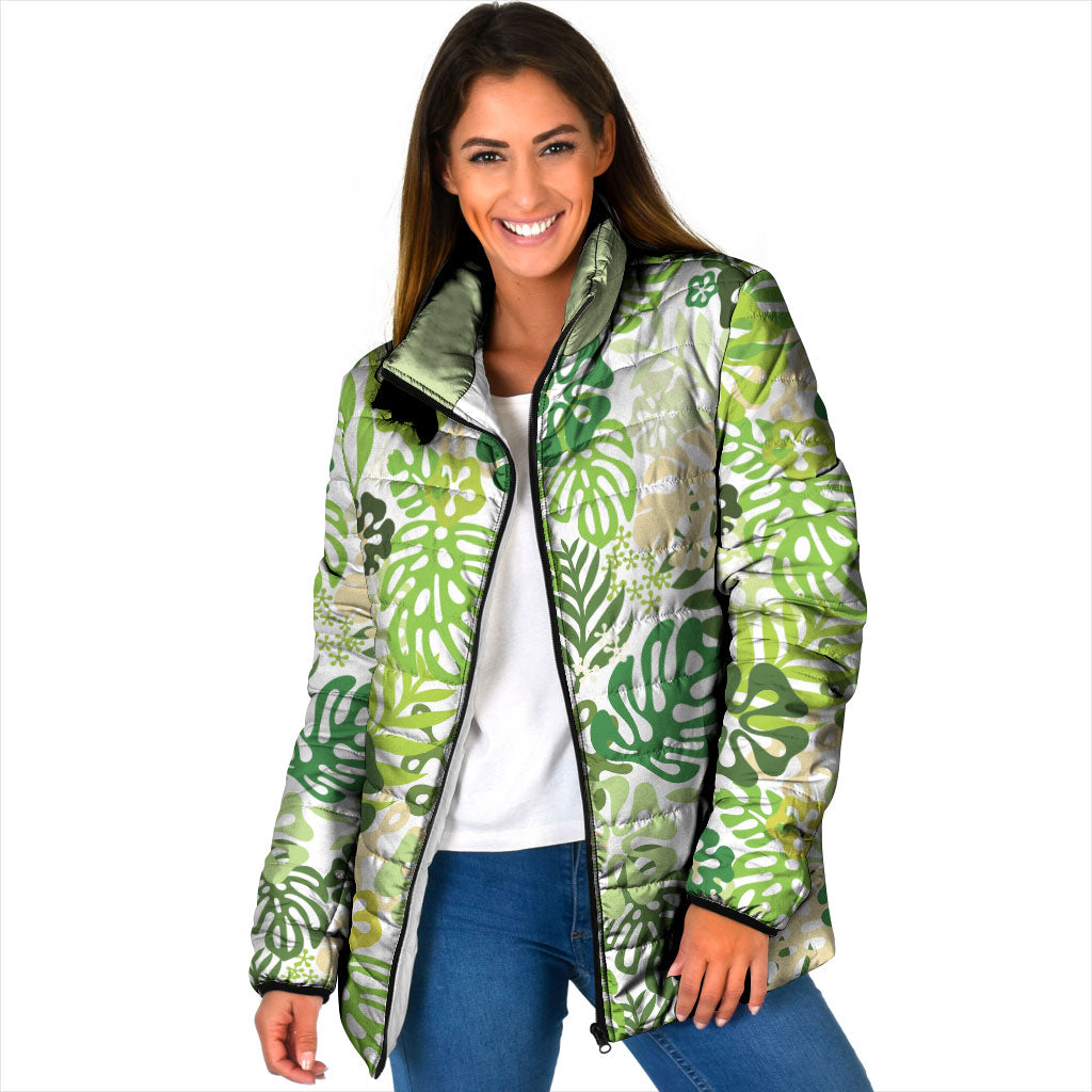 Green Aloha Hawaiian Padded Jacket Monstera Hibiscus Tropical Pattern