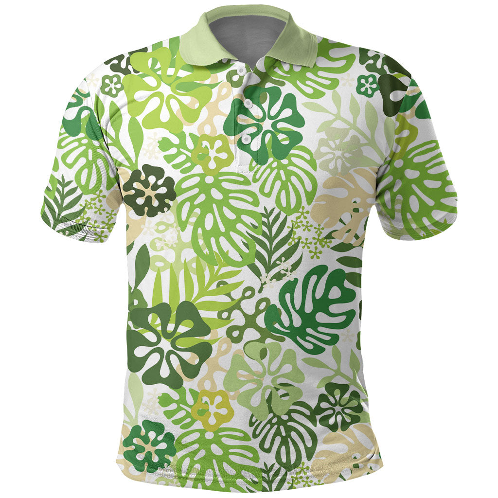Green Aloha Hawaiian Polo Shirt Monstera Hibiscus Tropical Pattern