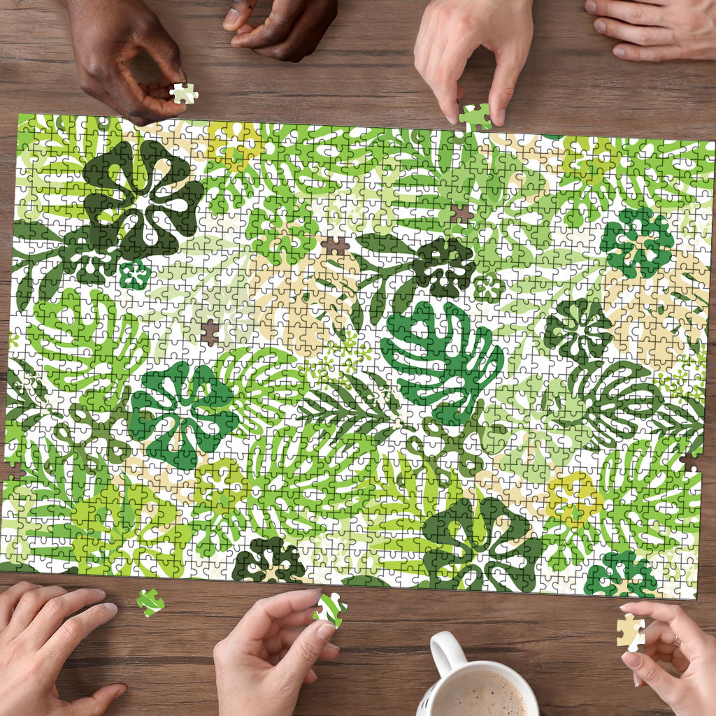 Green Aloha Hawaiian Puzzle Monstera Hibiscus Tropical Pattern