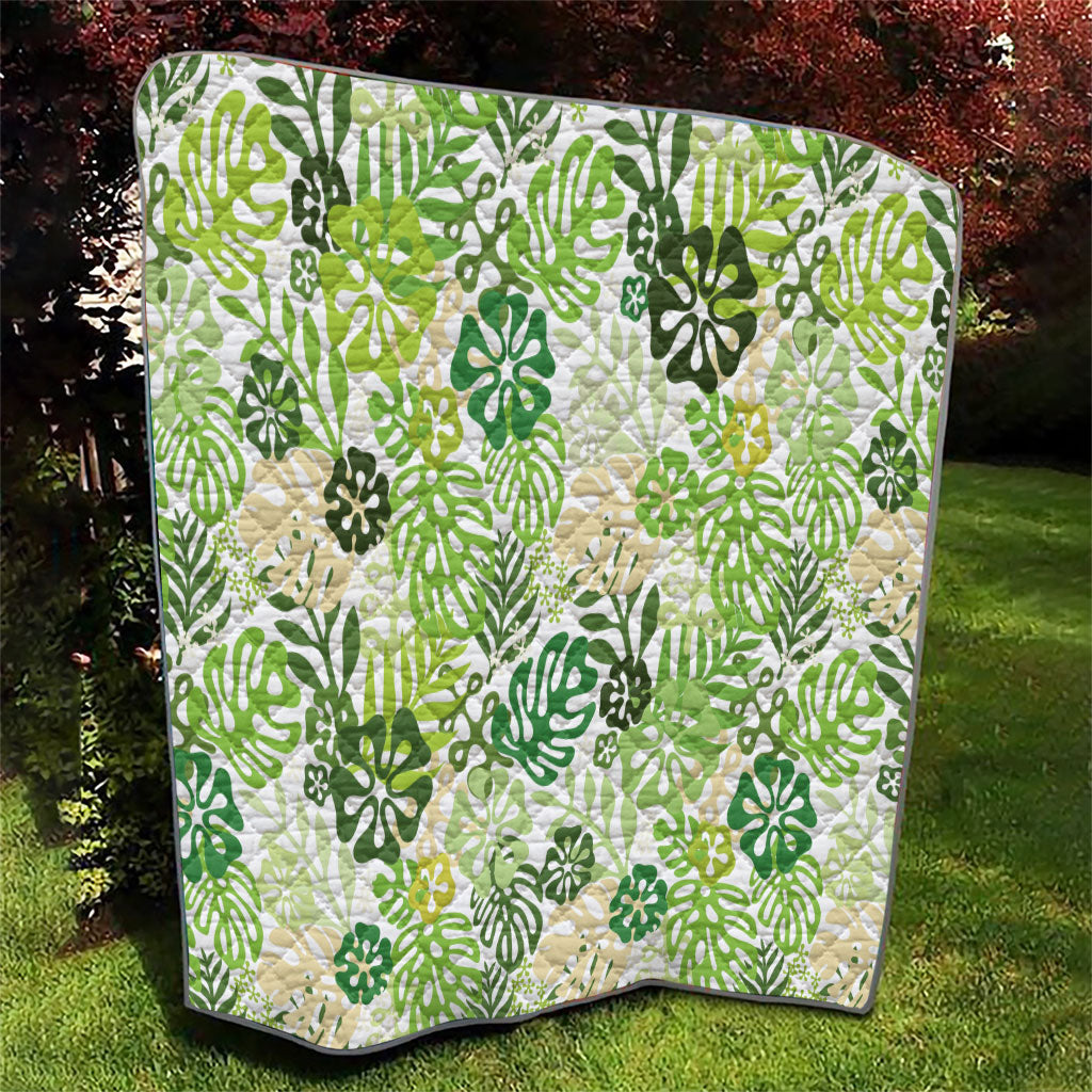 Green Aloha Hawaiian Quilt Monstera Hibiscus Tropical Pattern