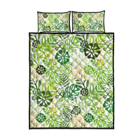 Green Aloha Hawaiian Quilt Bed Set Monstera Hibiscus Tropical Pattern