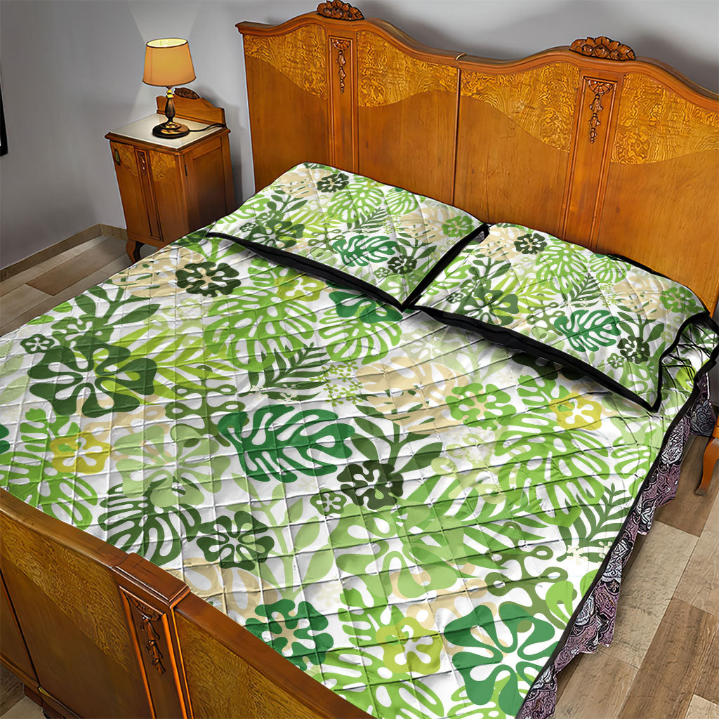 Green Aloha Hawaiian Quilt Bed Set Monstera Hibiscus Tropical Pattern