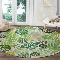 Green Aloha Hawaiian Round Carpet Monstera Hibiscus Tropical Pattern