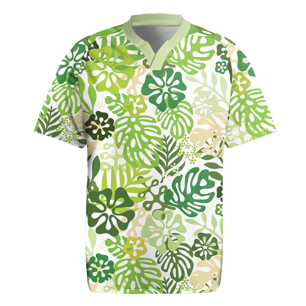 Green Aloha Hawaiian Rugby Jersey Monstera Hibiscus Tropical Pattern