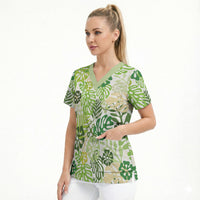 Green Aloha Hawaiian Scrub Top Monstera Hibiscus Tropical Pattern