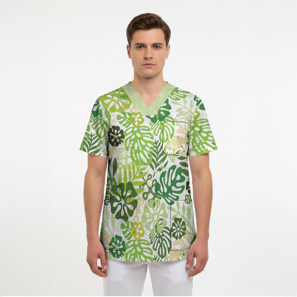Green Aloha Hawaiian Scrub Top Monstera Hibiscus Tropical Pattern
