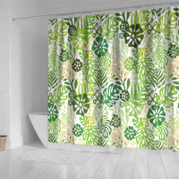 Green Aloha Hawaiian Shower Curtain Monstera Hibiscus Tropical Pattern