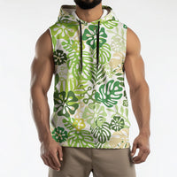 Green Aloha Hawaiian Sleeveless Hoodie Monstera Hibiscus Tropical Pattern