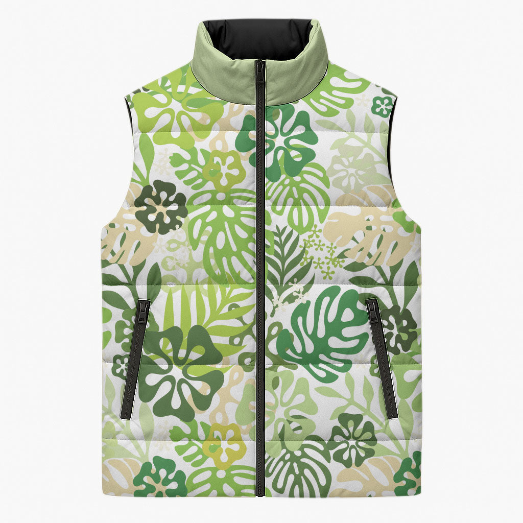 Green Aloha Hawaiian Sleeveless Puffer Jacket Monstera Hibiscus Tropical Pattern LT19 Unisex Green - Polynesian Pride