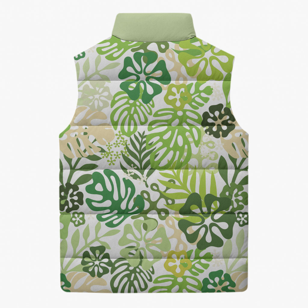 Green Aloha Hawaiian Sleeveless Puffer Jacket Monstera Hibiscus Tropical Pattern