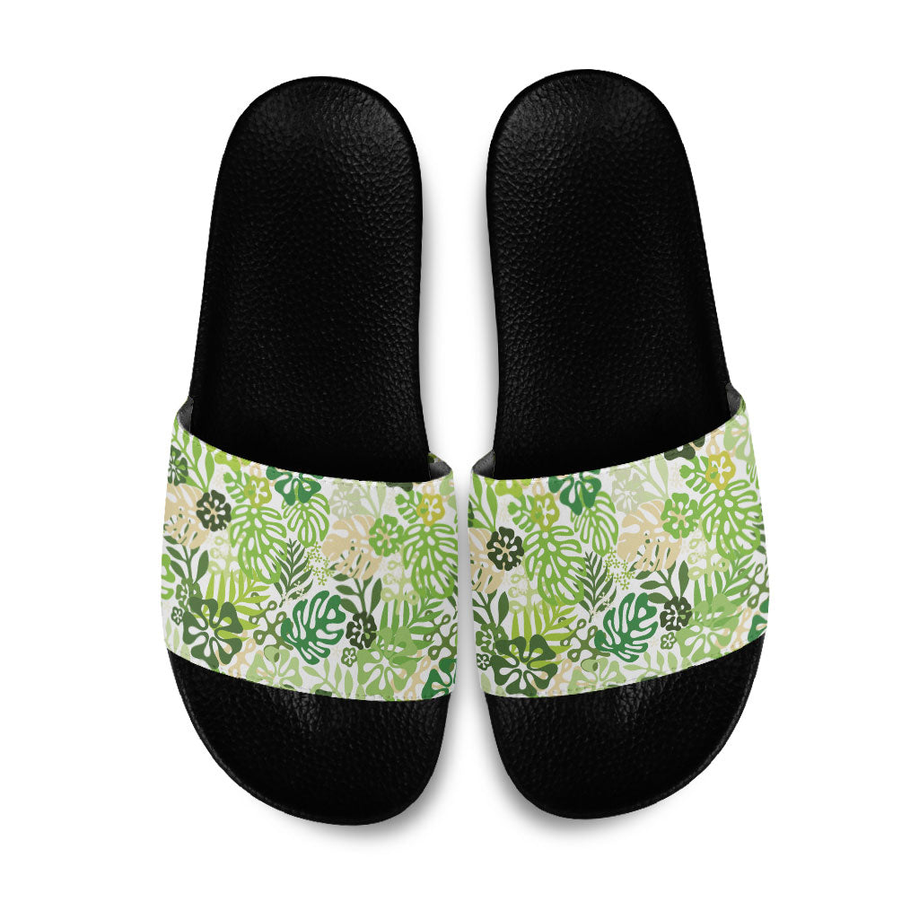 Green Aloha Hawaiian Slide Sandals Monstera Hibiscus Tropical Pattern