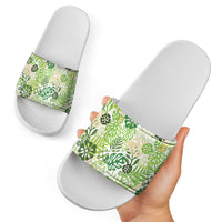 Green Aloha Hawaiian Slide Sandals Monstera Hibiscus Tropical Pattern