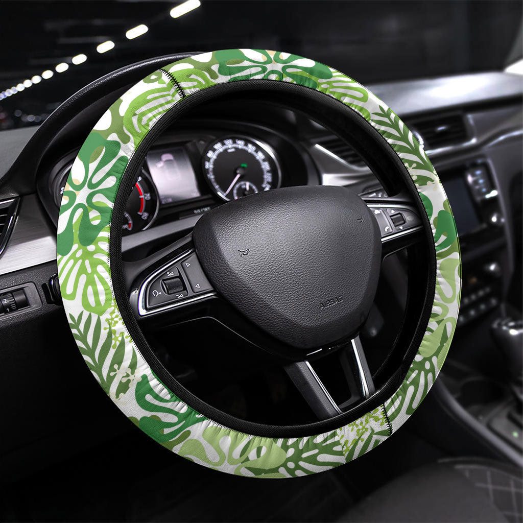 Green Aloha Hawaiian Steering Wheel Cover Monstera Hibiscus Tropical Pattern